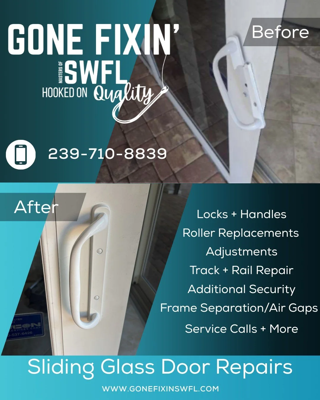 Sliders giving you trouble? Short on time? We&rsquo;ve got you covered. Call or text today for quick, professional repairs! 📲 239-710-8839
 #GoneFixinSWFL #HandymanLife #SlidingGlassDoorRepairs #CleaningServices #HomeWatch #HomeCleaning #HomeWatchSW