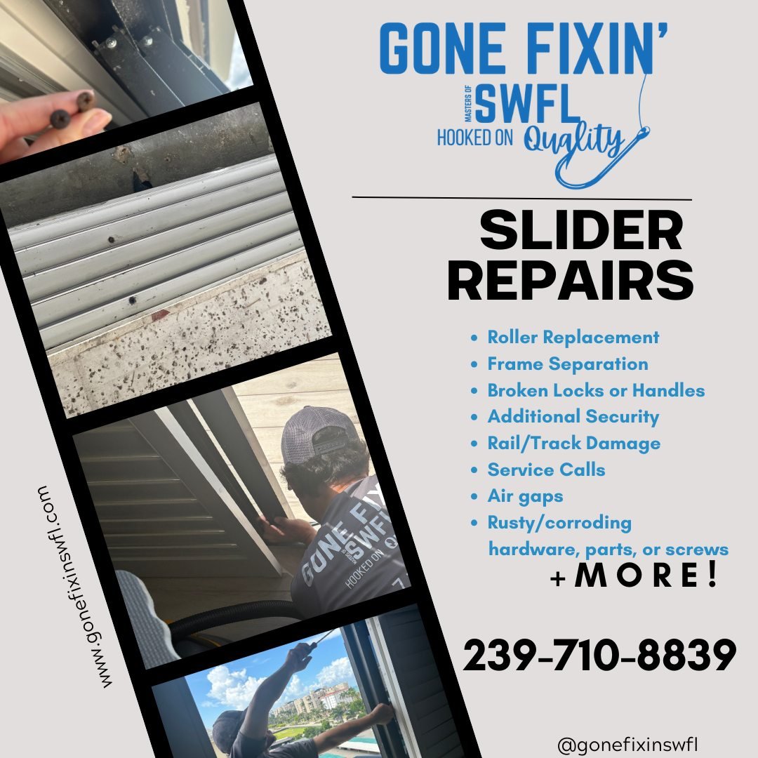 Sliding glass door giving you trouble? Don&rsquo;t wait until it&rsquo;s worse! 🚪💥
We offer full slider repair services with flexible scheduling to fit your life.
Call or text today to get on the schedule! 📲 239-710-8839
 #GoneFixinSWFL #HandymanL