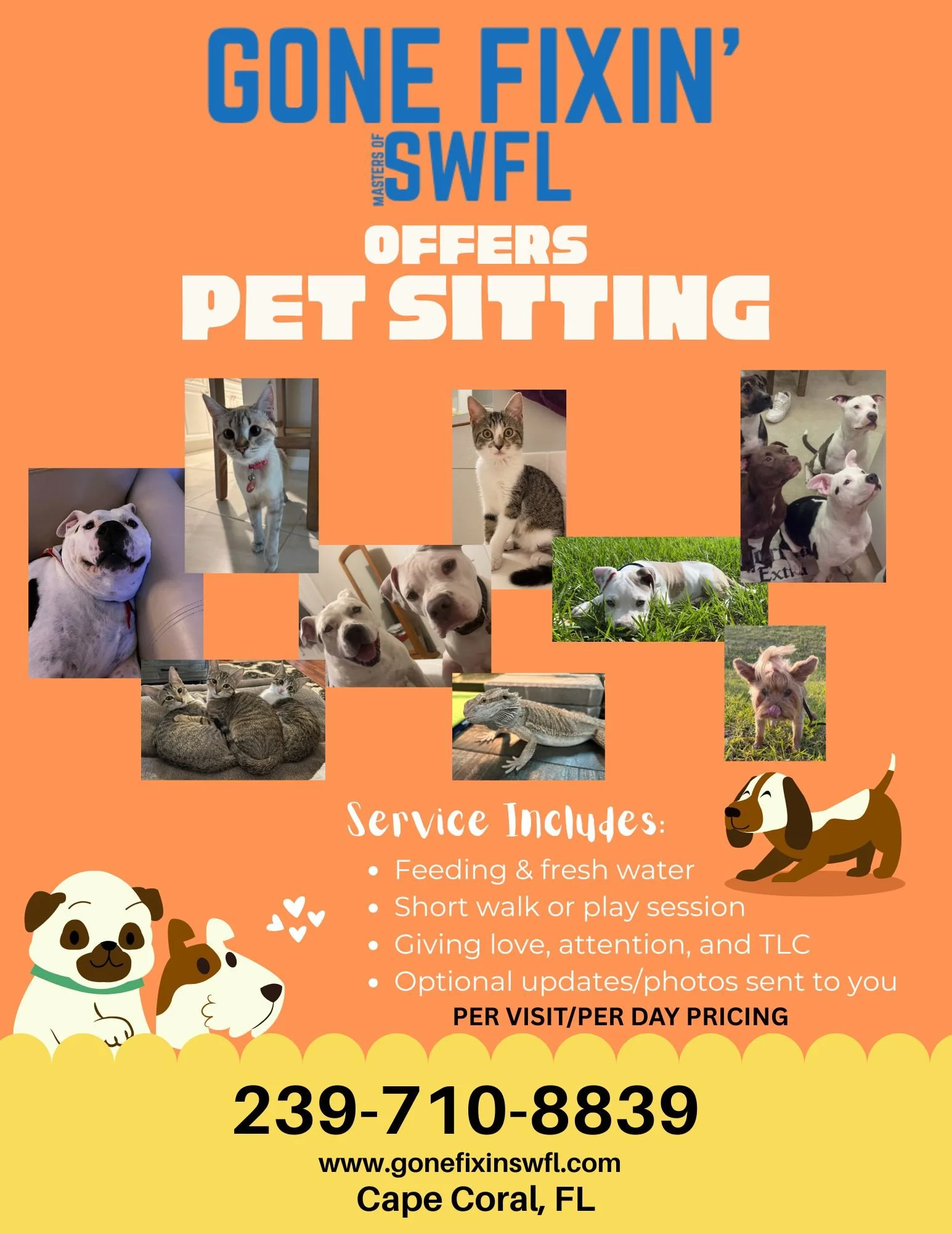 Pet Sitting, Drop-Ins, Walks &amp; More &mdash; Caring for Your Pets Like Our Own 🐾 Flexible Scheduling Available. 📲239-710-8839
 #GoneFixinSWFL #HandymanLife #SlidingGlassDoorRepairs #CleaningServices #HomeWatch #HomeCleaning #MobileNotary #HomeMa