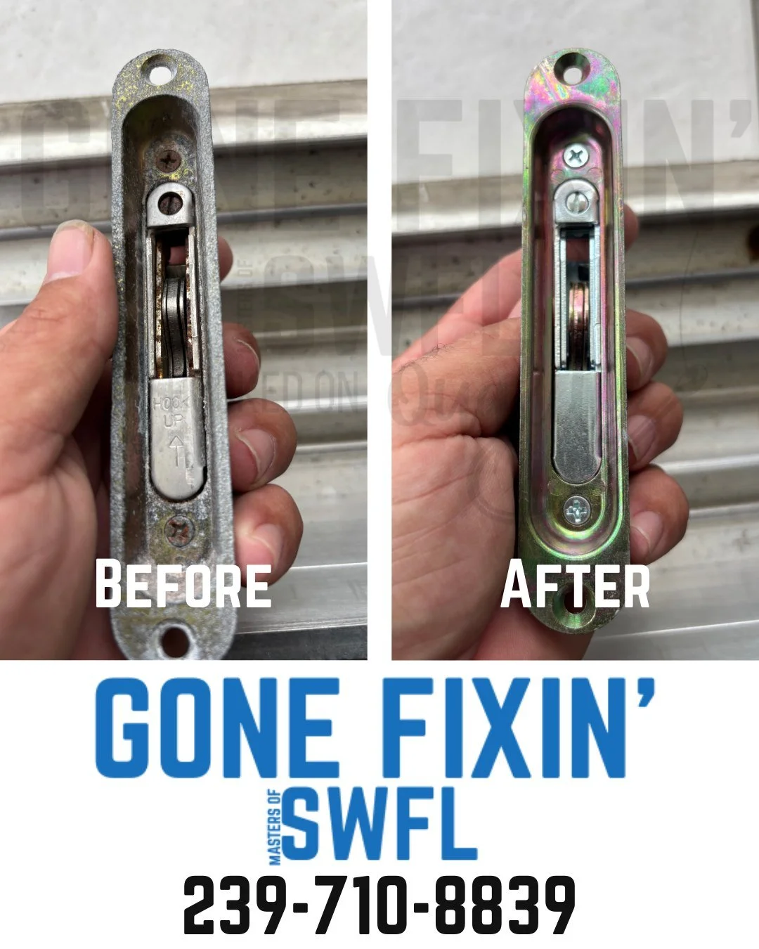 Replaced a rusted, broken lock with a brand-new secure setup. If your locks are sticking, worn, or failing &mdash; we&rsquo;ve got you covered. Call or text today 📲 239-710-8839
 #GoneFixinSWFL #HandymanLife #SlidingGlassDoorRepairs #CleaningService