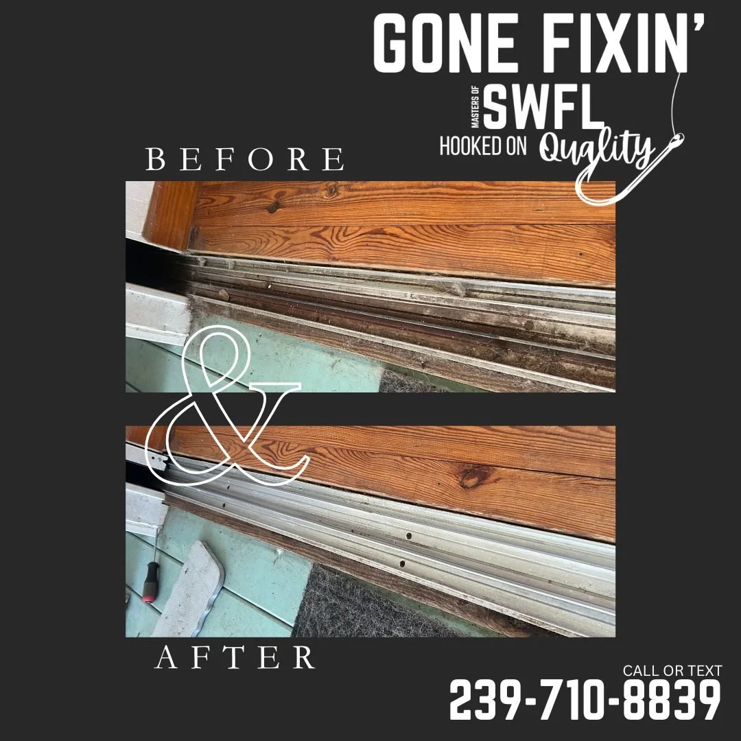 If your sliding glass door is hard to open, dirty or damaged tracks could be the problem. Let us fix it &mdash; fast, reliable, and done right. 📲239-710-8839
 #GoneFixinSWFL #HandymanLife #SlidingGlassDoorRepairs #CleaningServices #HomeWatch #HomeCl