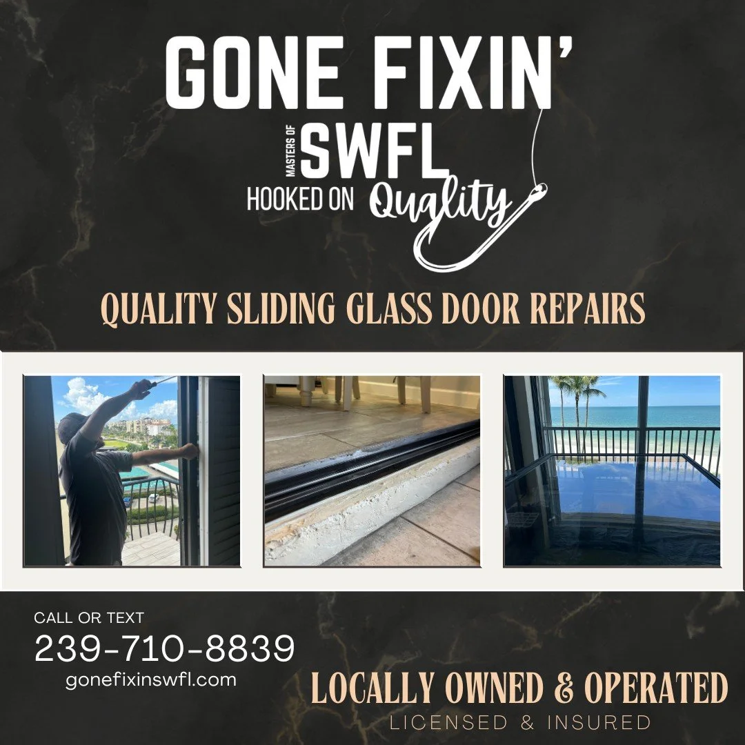 Quality sliding glass door repairs, on your schedule. Need it fixed ASAP? Contact us today! 📲239-710-8839
 #GoneFixinSWFL #HandymanLife #SlidingGlassDoorRepairs #CleaningServices #HomeWatch #HomeCleaning #HomeMaintenance #KeyHolderServices #OneTimeC