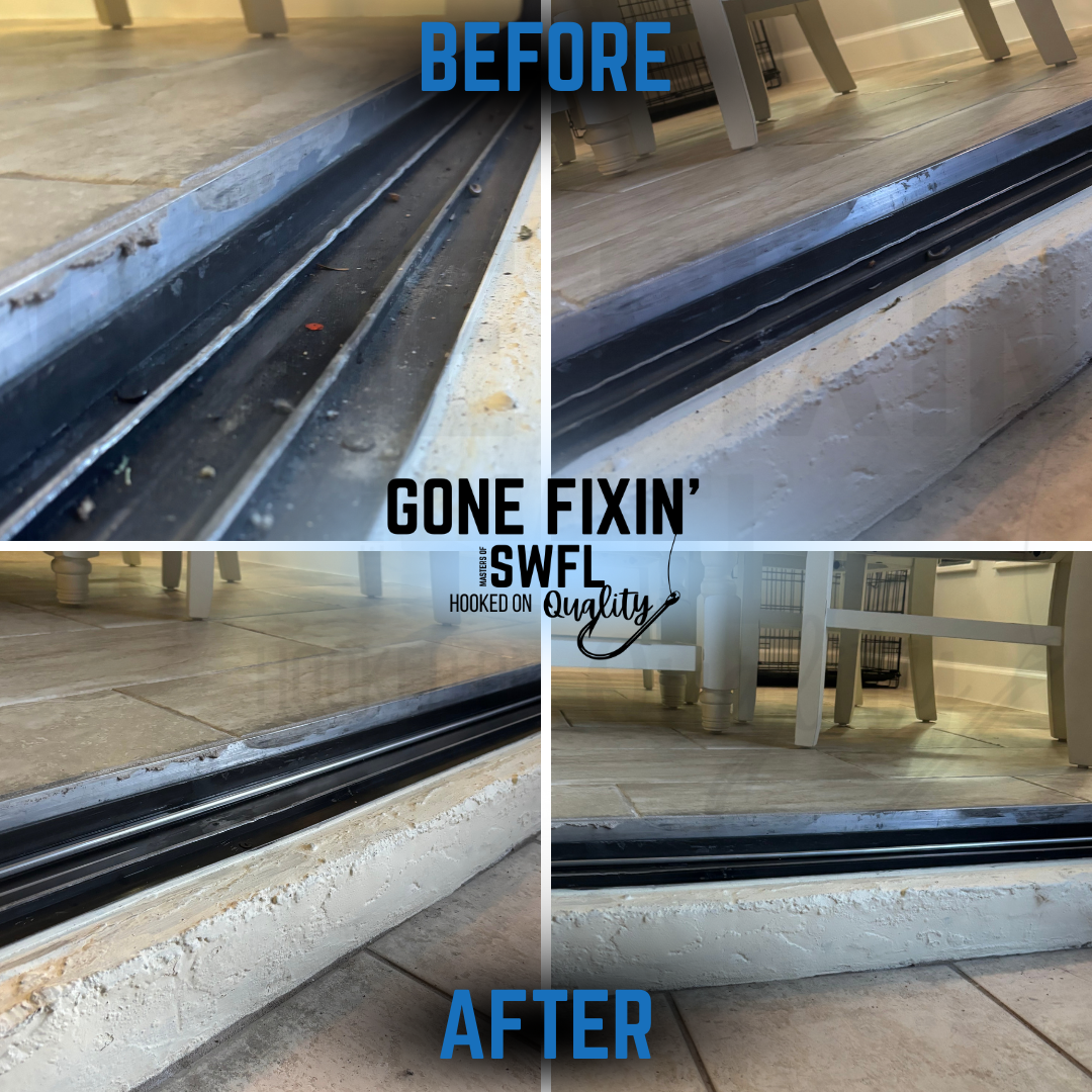 Severely damaged sliding glass door track before & ater