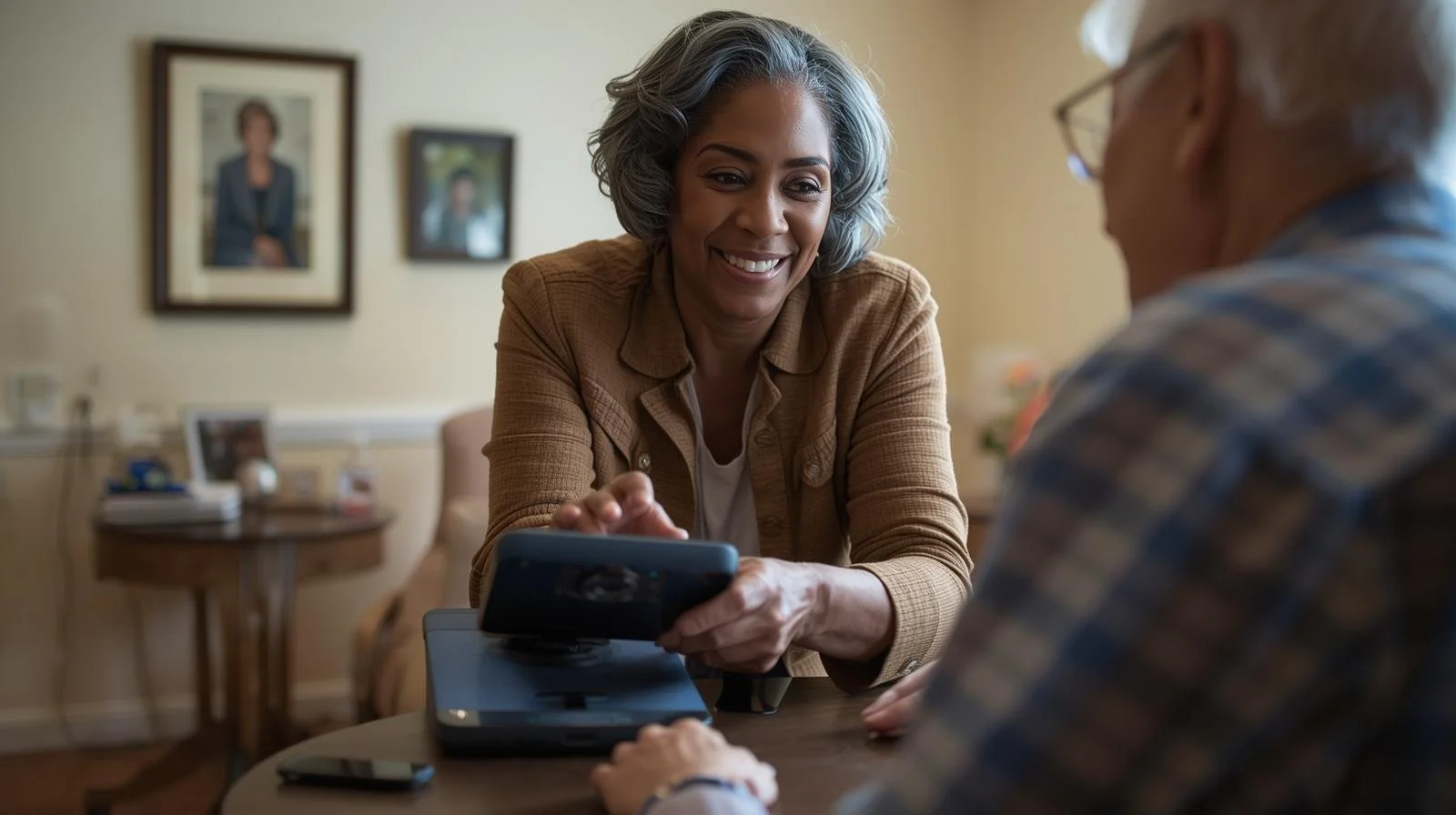 woman helping elderly man