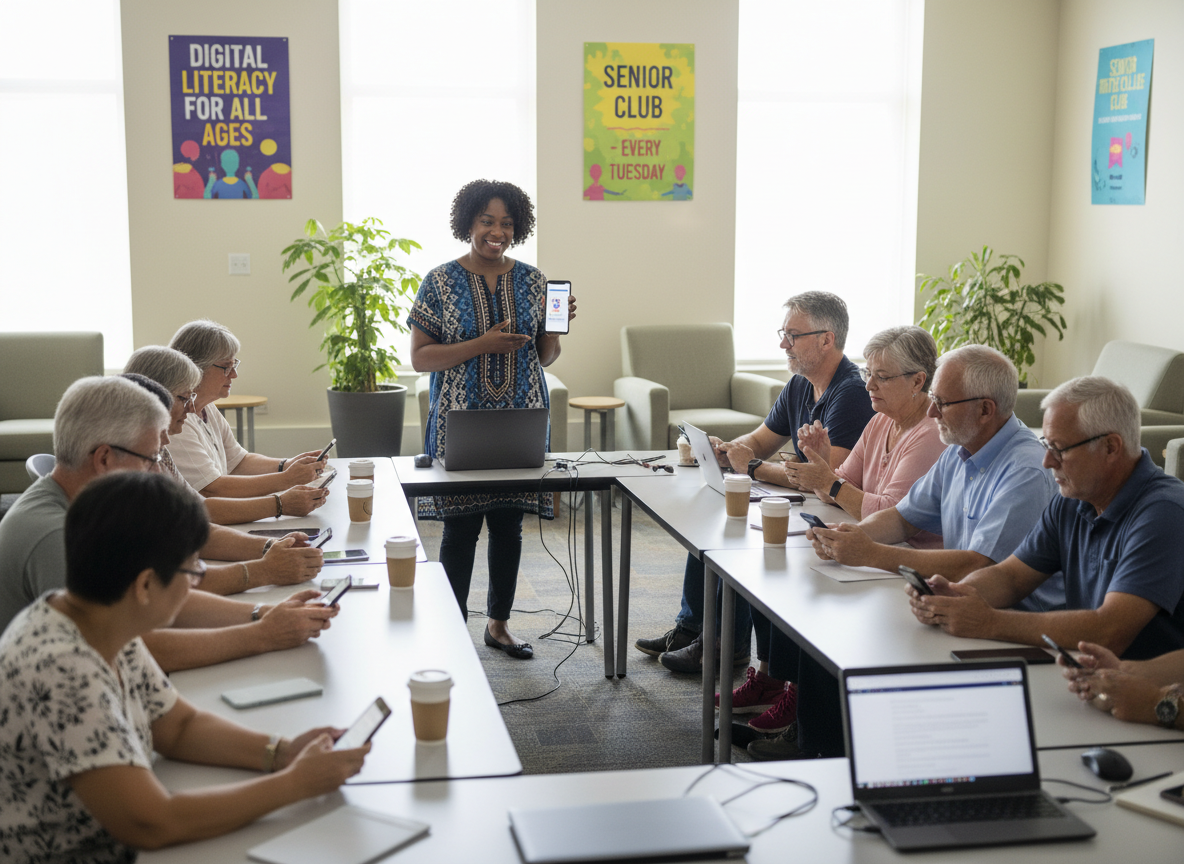 Class of seniors practicing and learning on their mobile phones in a meeting setting