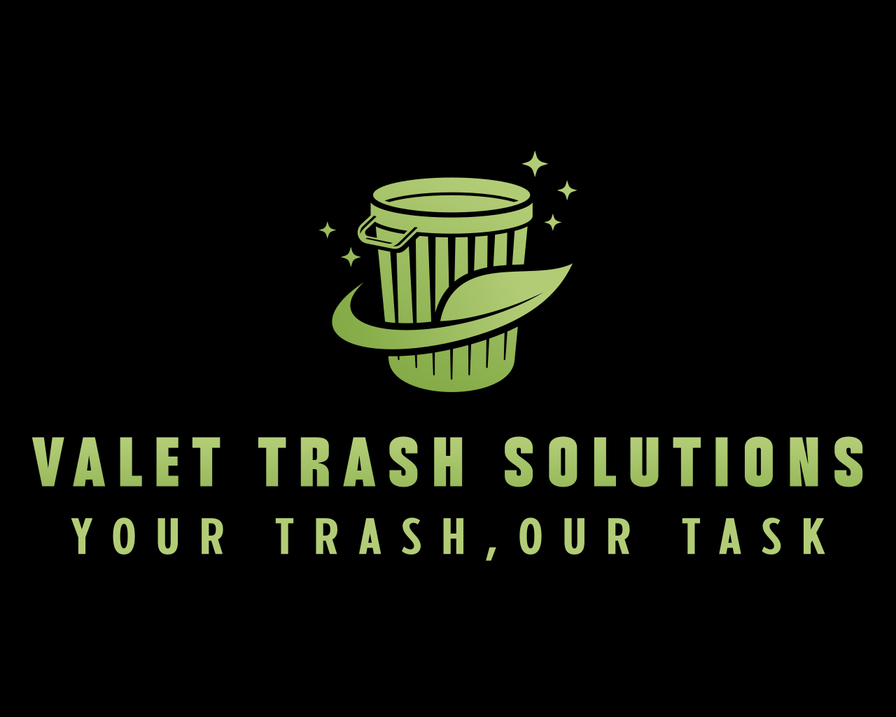 Logo for Valet Trash Solutions featuring a green trash can with a leaf and sparkling accents, with the caption "Valet Trash Solutions: Your Trash, Our Task."