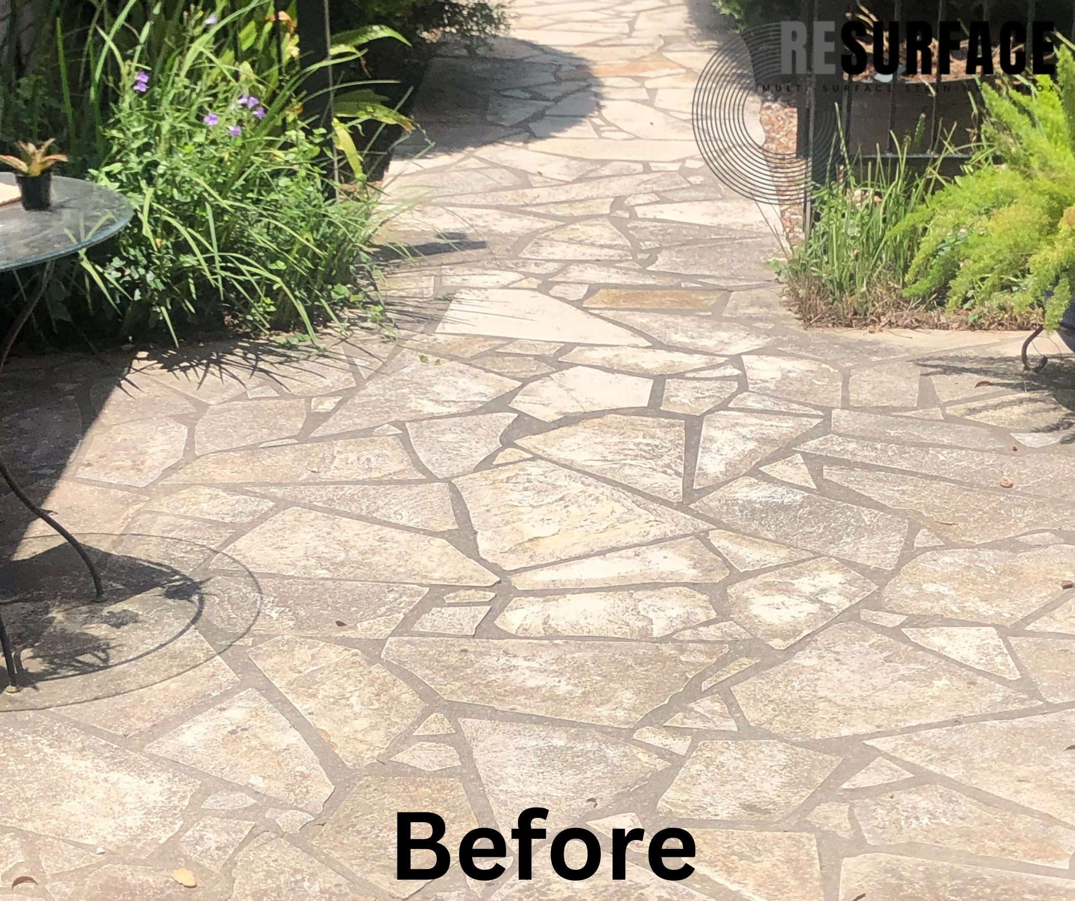 A stone pathway in a garden area with potted plants and greenery, with a shadow cast across part of the pathway.
