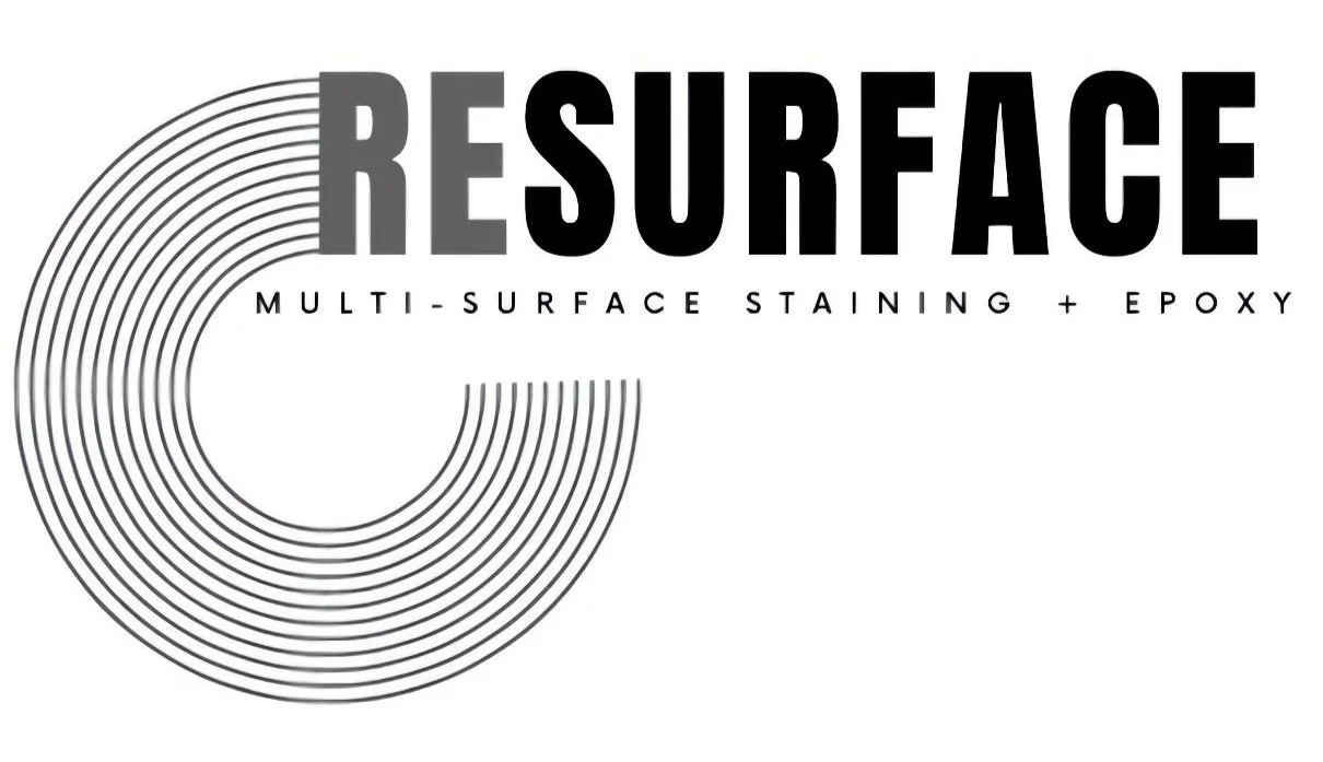 Logo for Resurface with text 'Multi-surface staining + epoxy' and a circular design element.