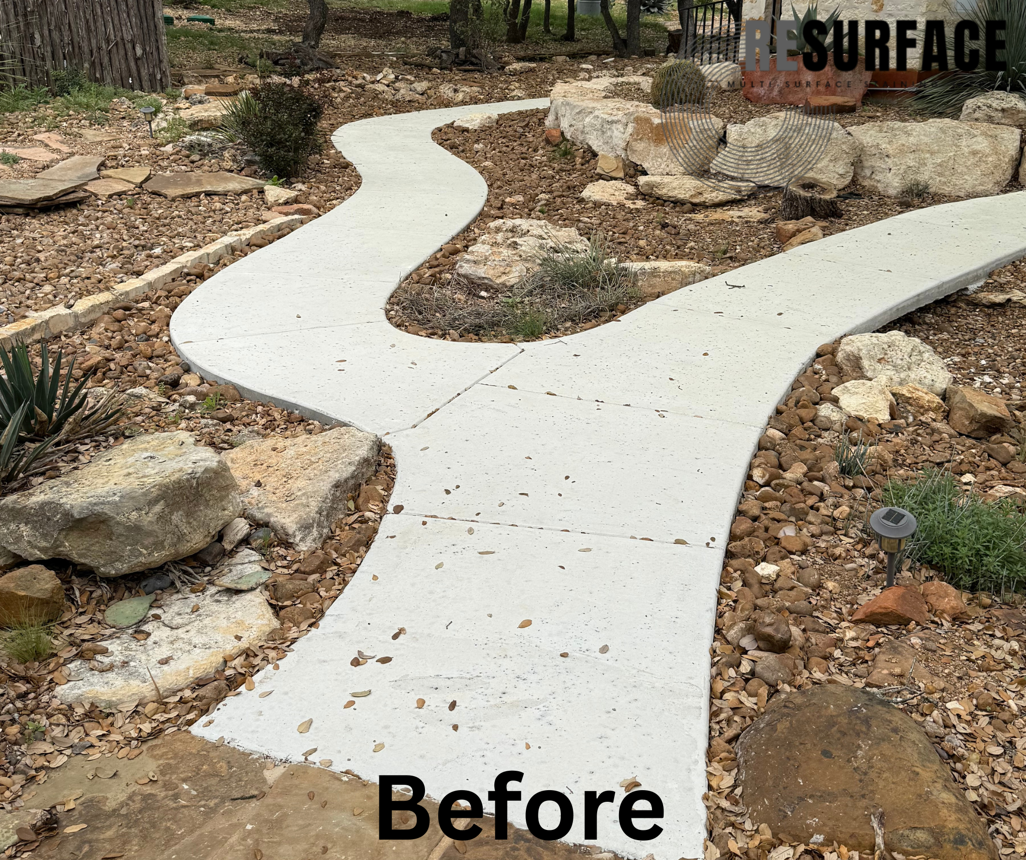 A concrete pathway winding through a rocky landscaped yard with plants, rocks, and a wooden fence in the background, labeled 'Before'.