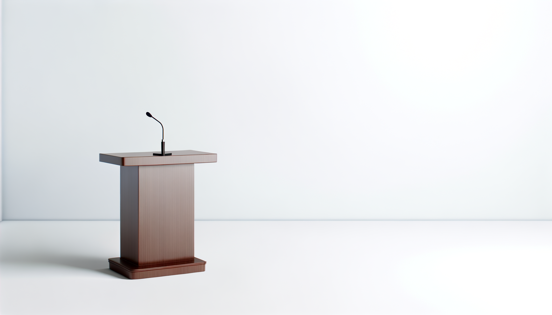 Empty wooden podium with a microphone, set against a plain white background.