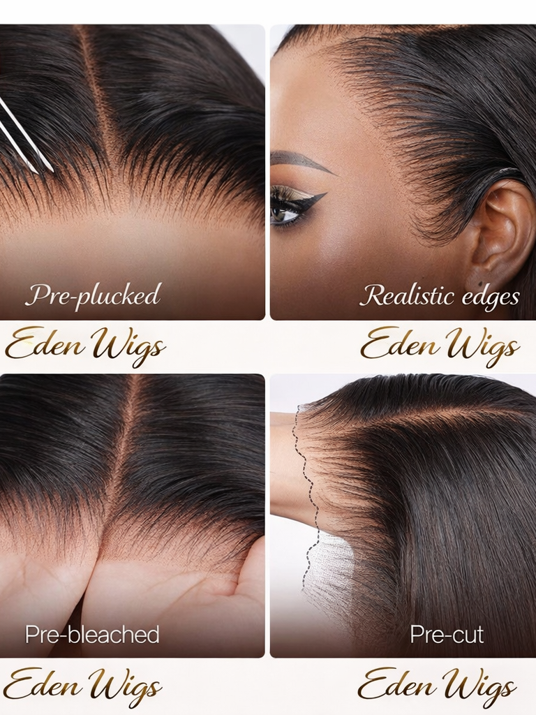 Comparison of different lace wig styles including pre-plucked hairline, realistic edges, pre-bleached knots, and pre-cut lace on Eden Wigs