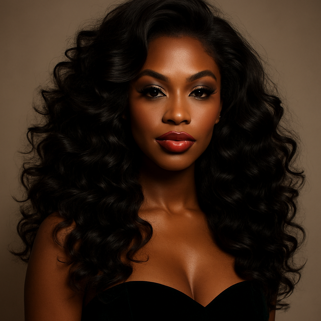 Portrait of a woman with dark, curly hair, full lips, and smooth skin, wearing a strapless black top.