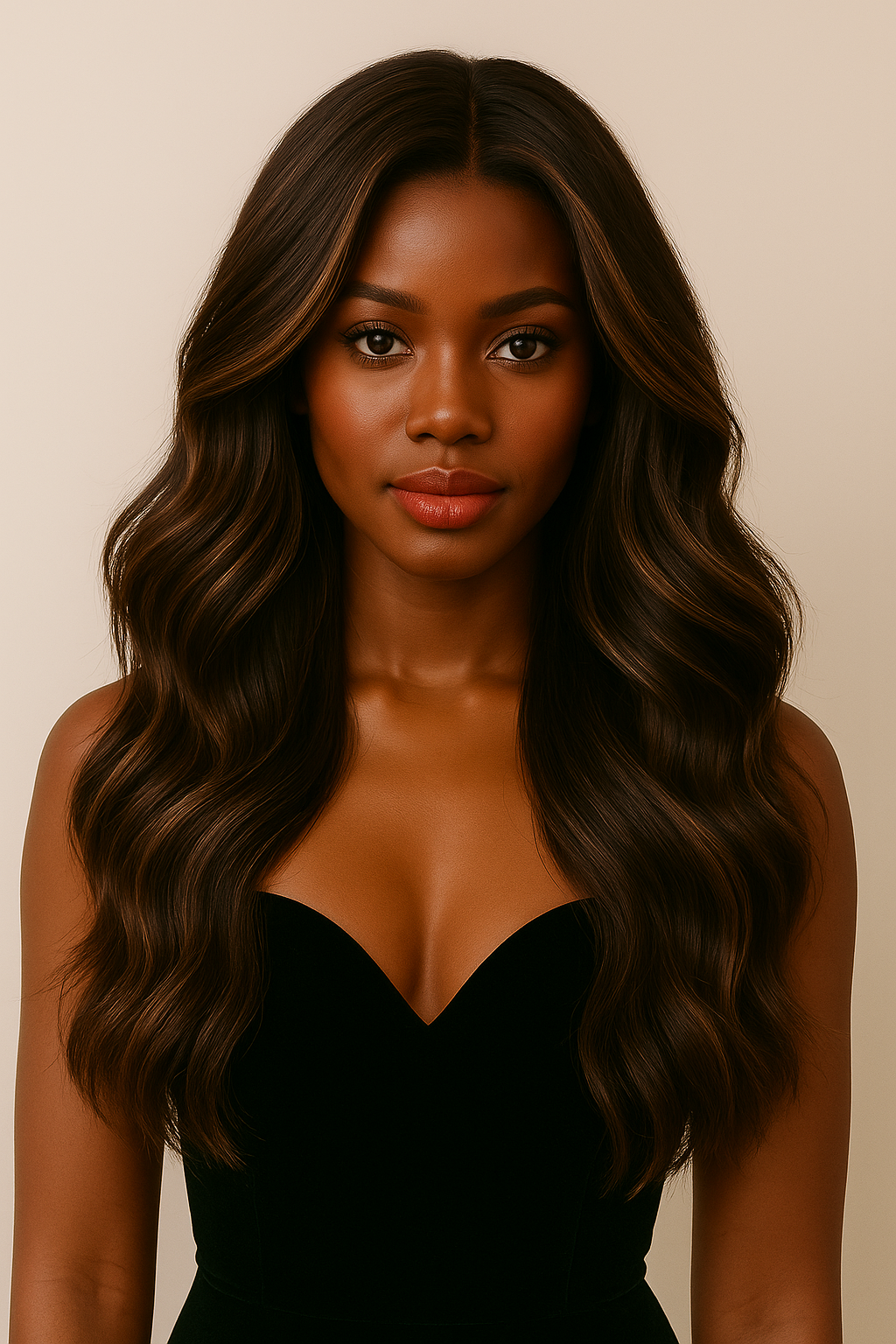 Portrait of a young woman with long, wavy brown hair, wearing a black strapless top, looking directly at the camera with a neutral expression.