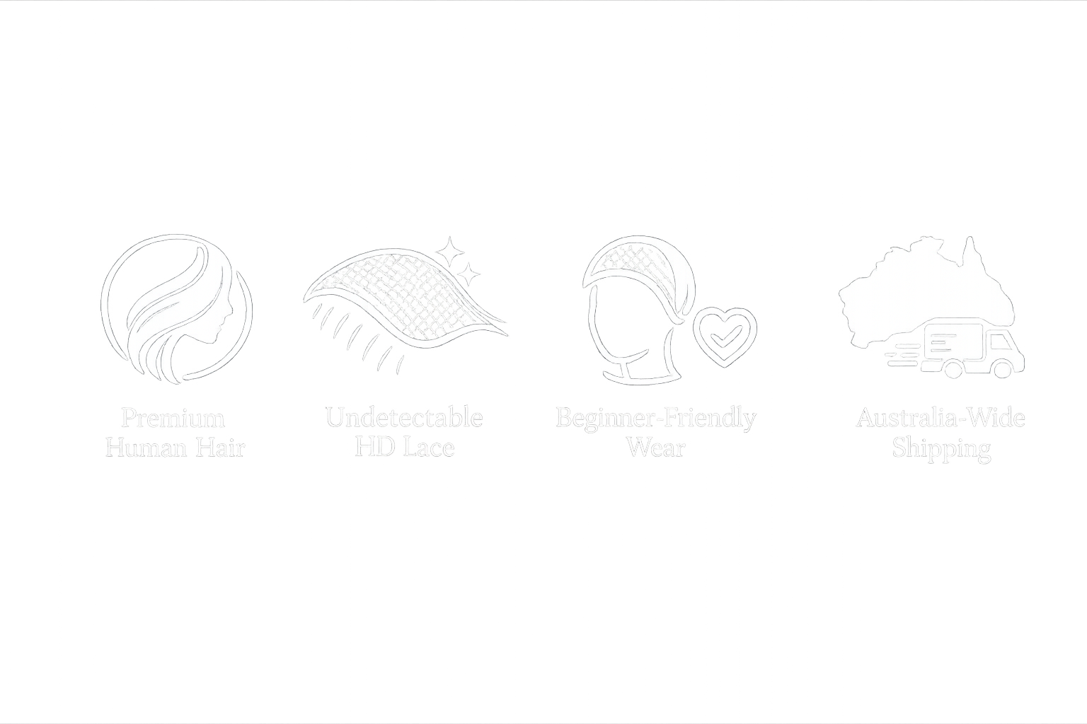 Icons and text promoting a hair product or service: a profile of a woman's face with flowing hair labeled "Premium Human Hair," a stylized lace pattern labeled "Undetectable HD Lace," a simple outline of a head with hair and a heart labeled "Beginner-Friendly Wear," and a delivery truck with a map of Australia labeled "Australia-Wide Shipping."