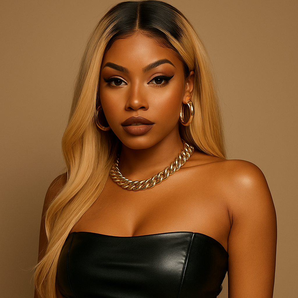 A woman with long blonde hair styled in waves, wearing gold hoop earrings, a chunky gold chain necklace, and a black strapless leather top, posing against a neutral background.