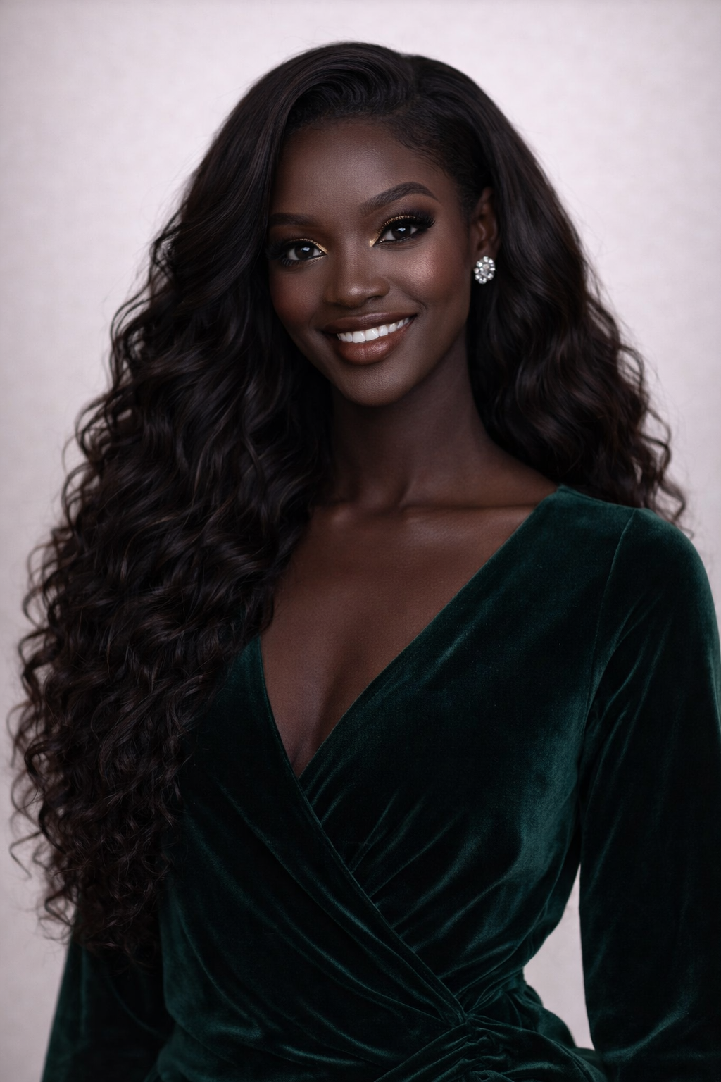 Portrait of a woman with dark skin and long, curly black hair wearing a green velvet dress and earrings, smiling at the camera.