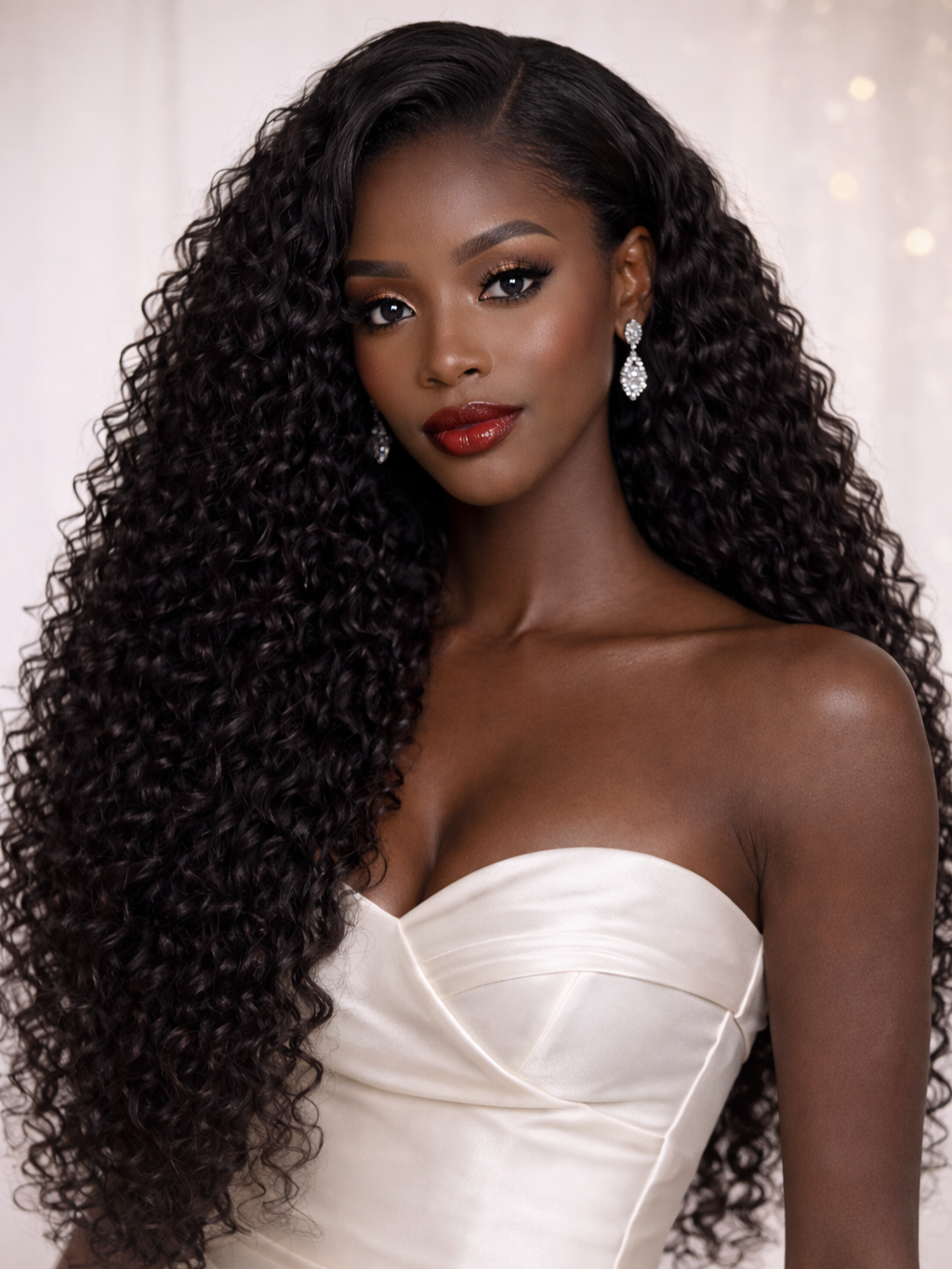 A woman with long, curly black hair wearing a strapless white dress and diamond earrings.