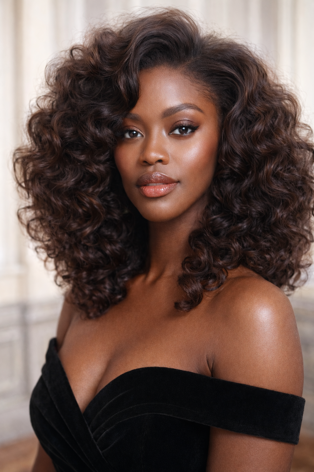A young woman with dark, curly hair, wearing a black off-shoulder dress, and natural makeup, standing in front of a light-colored curtain.