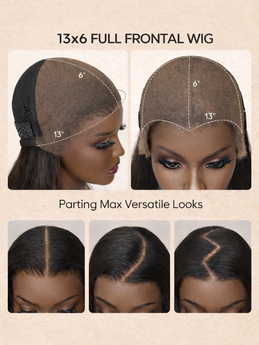 A promotional image showcasing a 13x6 full frontal wig with two views of the wig on a model's head. The wig measures 13 inches across and 6 inches high, with adjustable strap features. Below, three examples display different parting styles on dark, straight hair, highlighting versatile looks with a middle part, a side part, and a zigzag part.