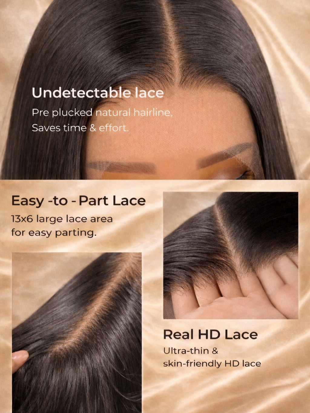 Close-up of a woman's scalp and hair showing a natural part with undetectable, HD lace for a seamless look. The text highlights features like pre-plucked hairline, large lace area for easy parting, and skin-friendly, ultra-thin lace.