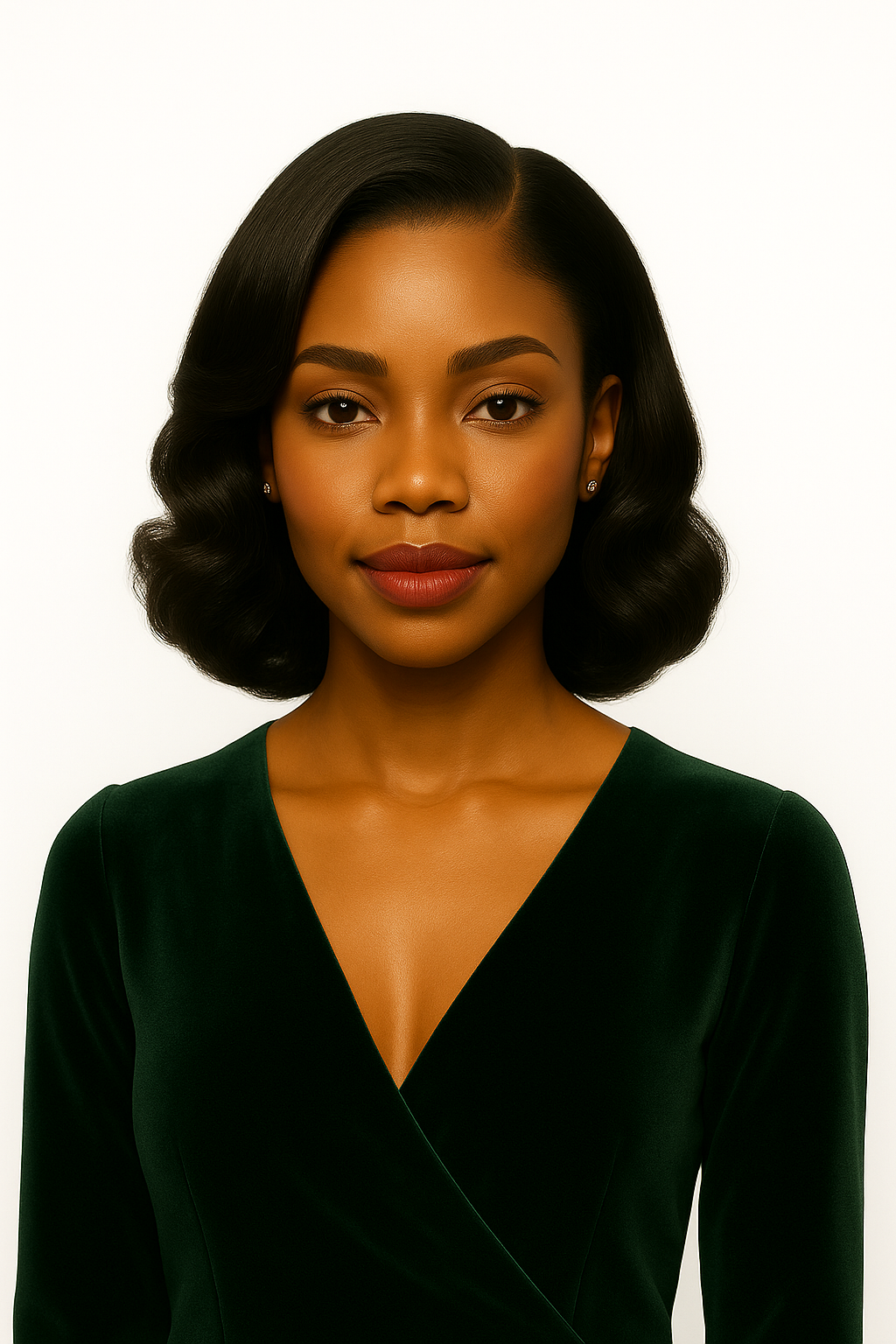 Portrait of a young African-American woman with wavy black hair, wearing a dark green V-neck dress, simple earrings, and natural makeup, against a white background.