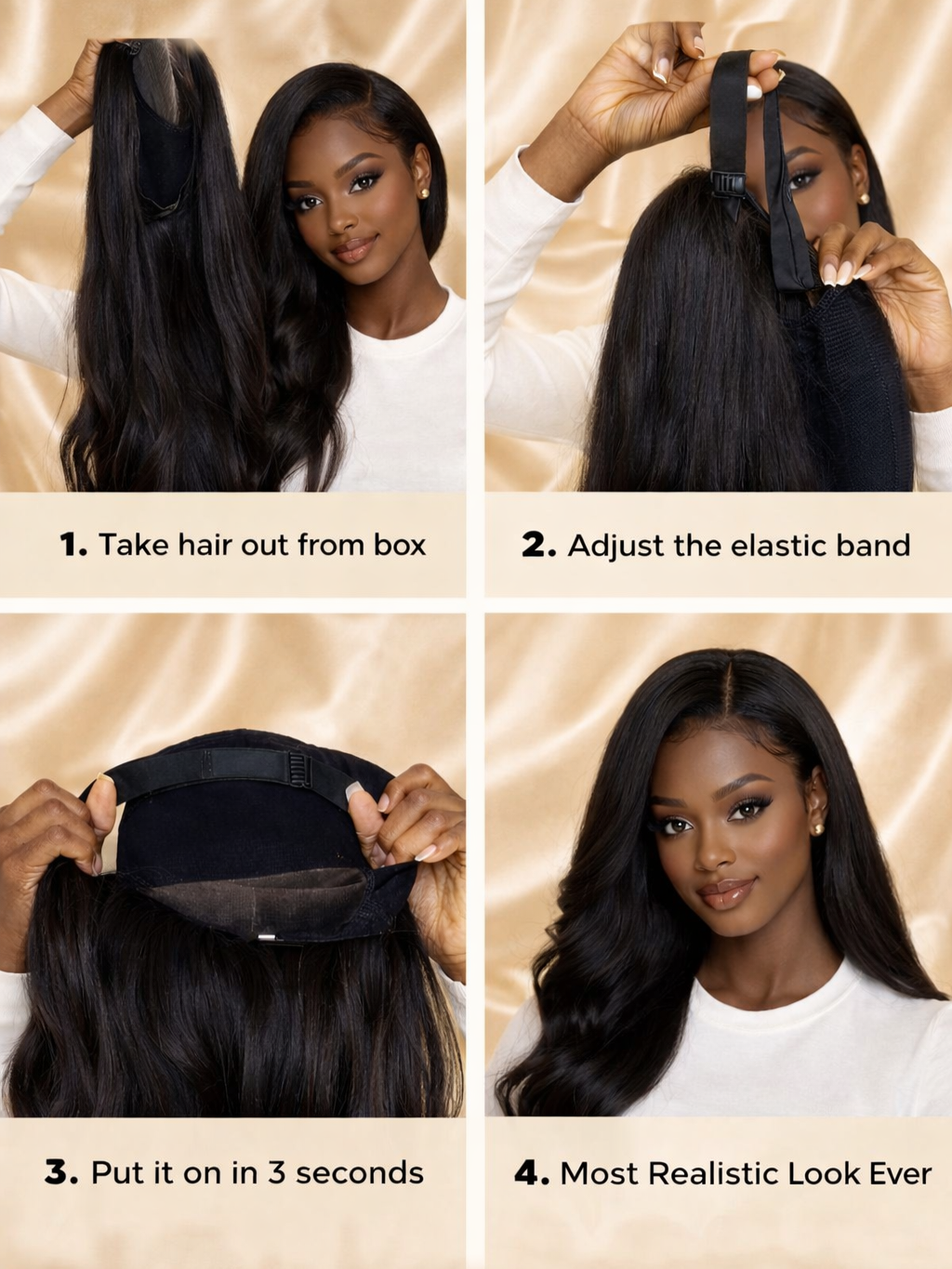 Step-by-step process of putting on a wig. The woman takes a hair piece out of a box, adjusts an elastic band, puts the wig on in 3 seconds, and shows off a natural look.