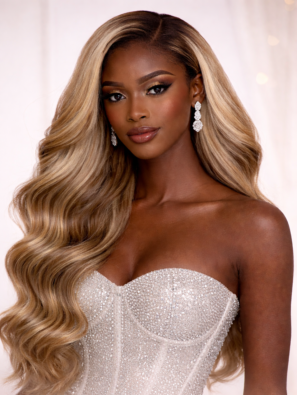 A woman with long, wavy blonde hair, wearing glamorous earrings and a strapless, beaded dress.