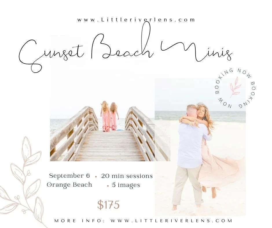 Design promoting Sunset Beach Minis photography session at Orange Beach on September 6, with 20-minute sessions, 5 images, and $175 price, featuring photos of a couple and two girls at the beach.