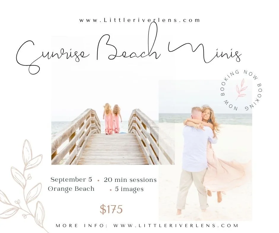 Beach-themed advertising flyer for sunrise beach minis, featuring photos of people on the beach, with details of date, duration, location, number of images, and price.