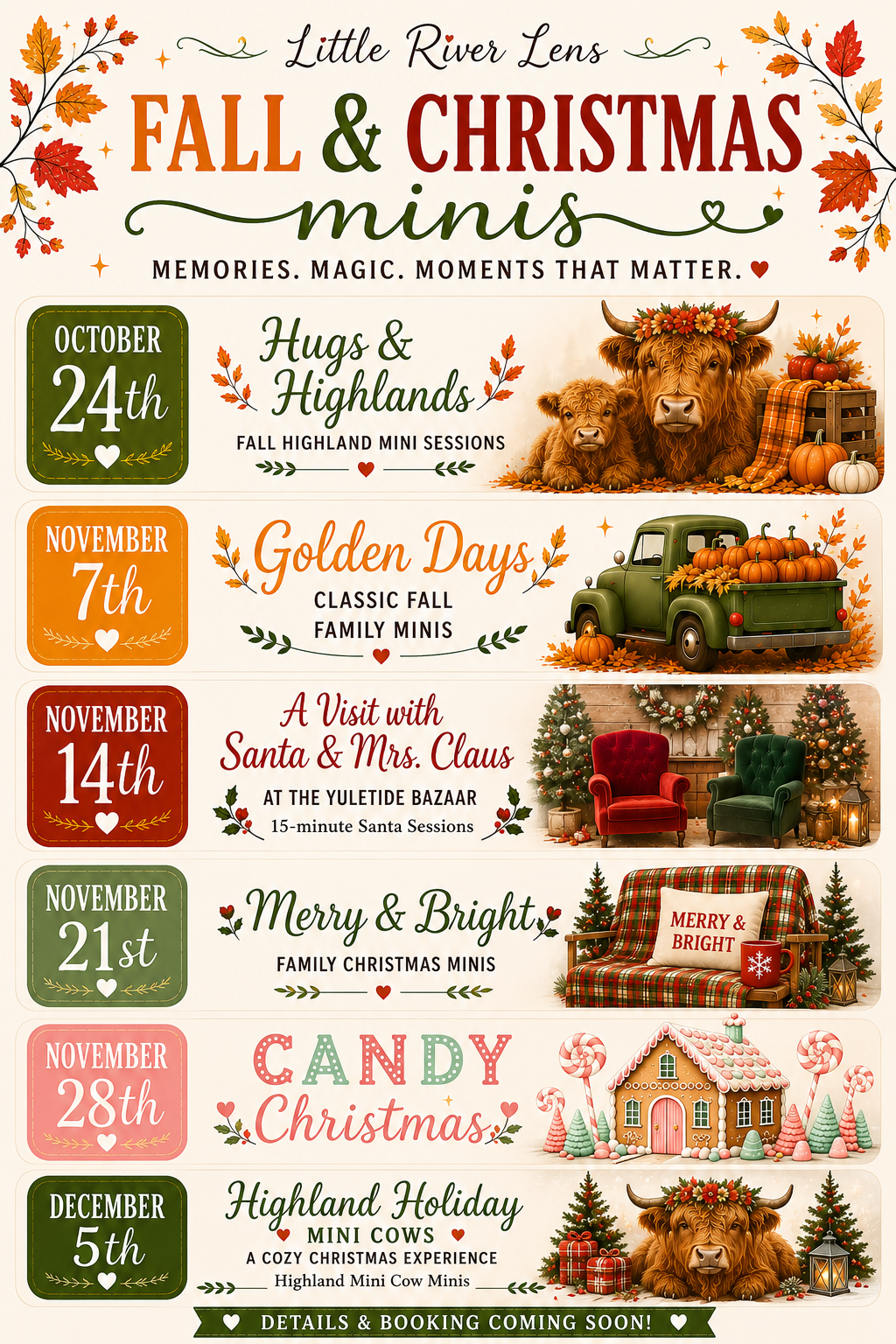 A festive Christmas and fall event schedule featuring animals, holiday decorations, and seasonal activities at Little River Lens.