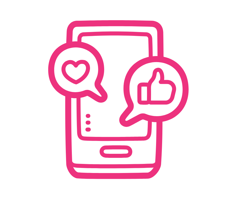Pink outline of a smartphone with speech bubbles containing a heart and a thumbs-up sign.