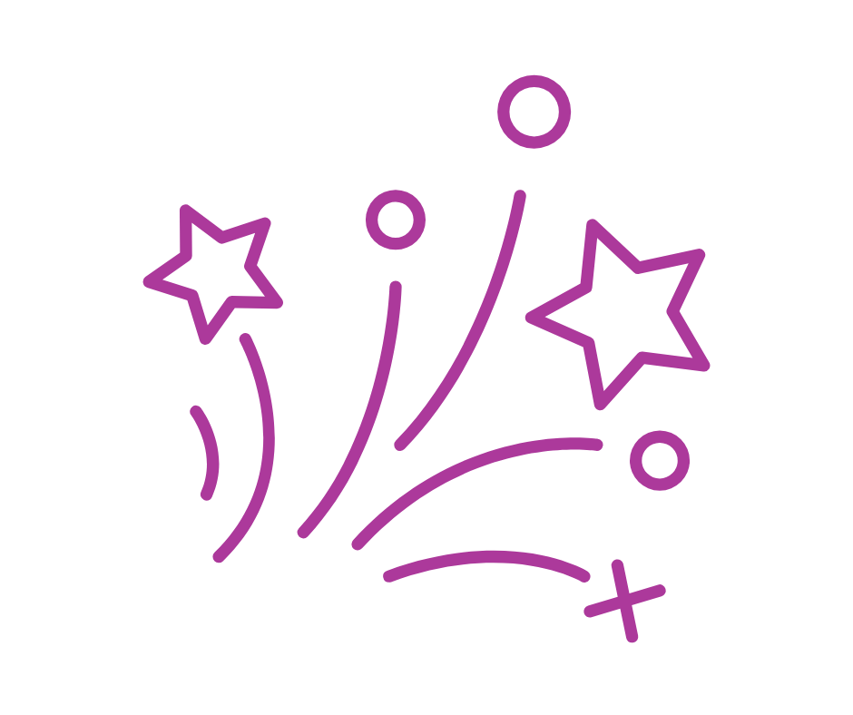 Purple line drawing of fireworks and stars with circular accents on a black background.