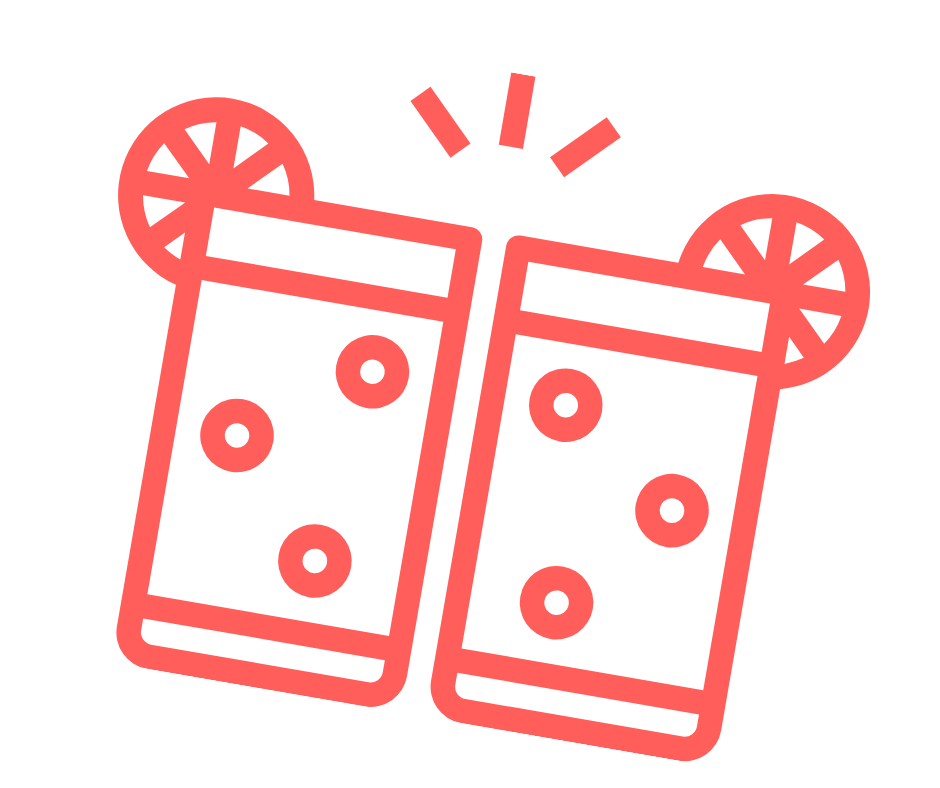 Line drawing of two glasses filled with a beverage, garnished with citrus slices, and containing ice or bubbles.
