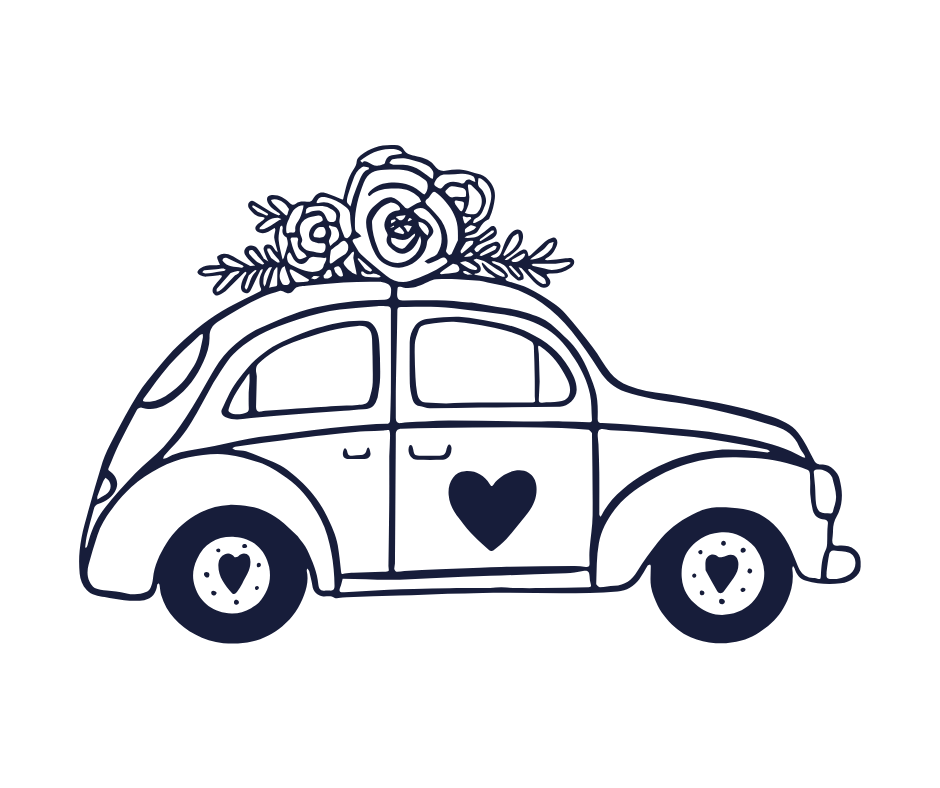Outline of a vintage car with hearts on the wheels and a heart on the door, decorated with flowers on the roof.