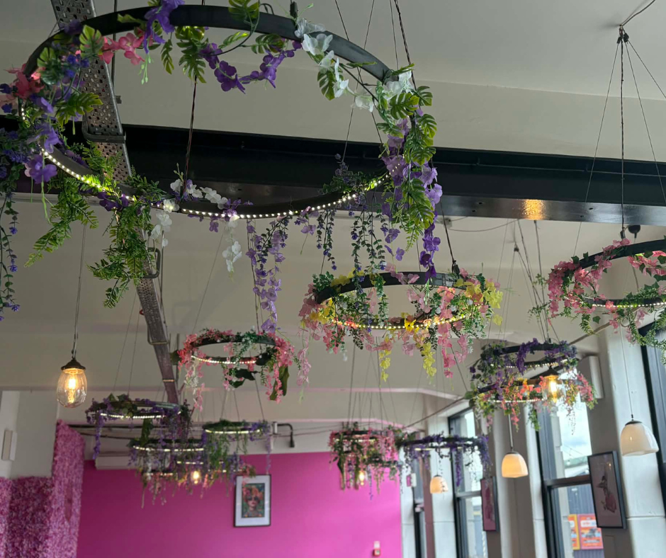 Floral lights hanging from ceiling