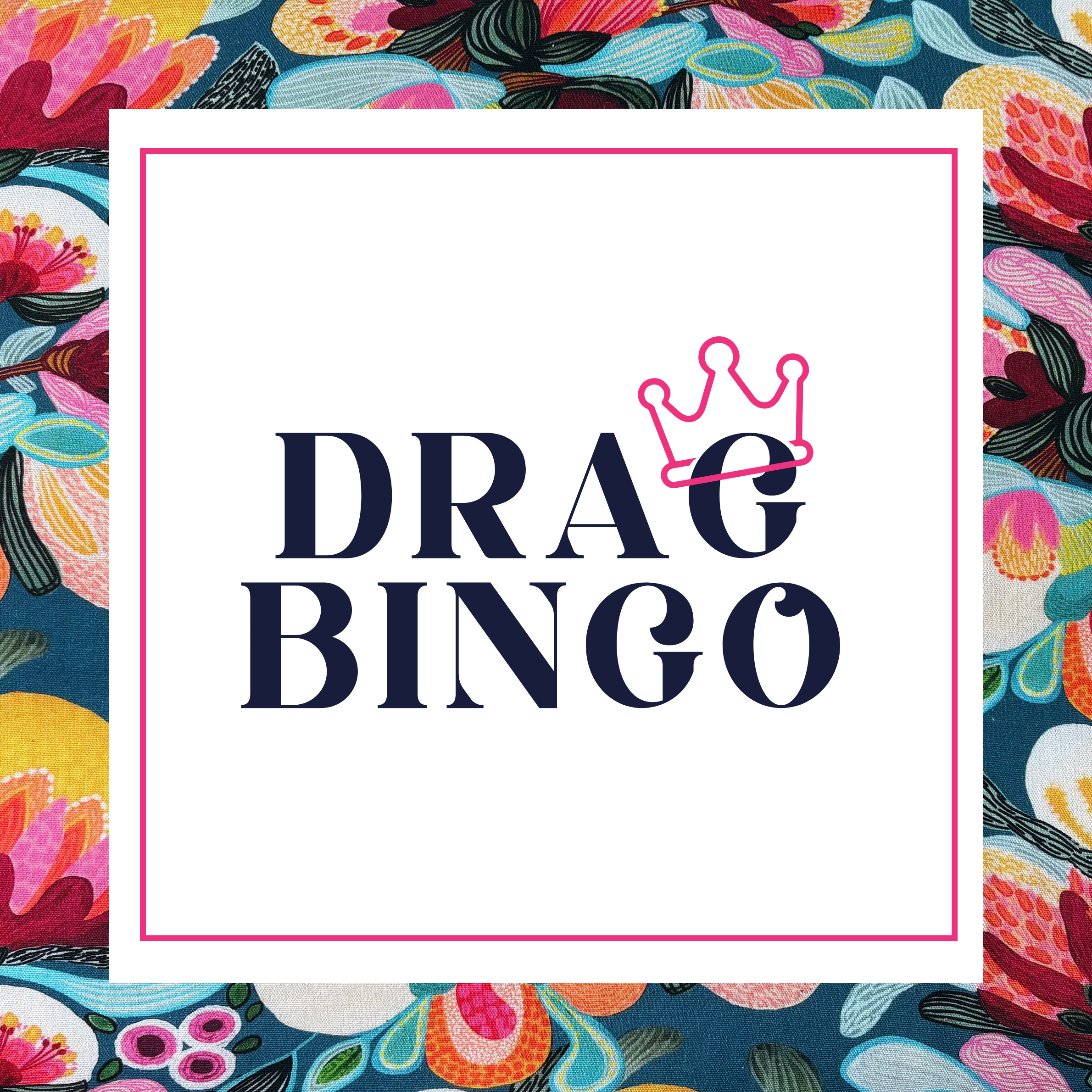 Colorful floral fabric background with a white box overlay that includes the word "BRAG" and a pink crown icon.