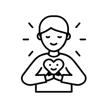 A simple line drawing of a person smiling and holding a heart. Representing good self-esteem.