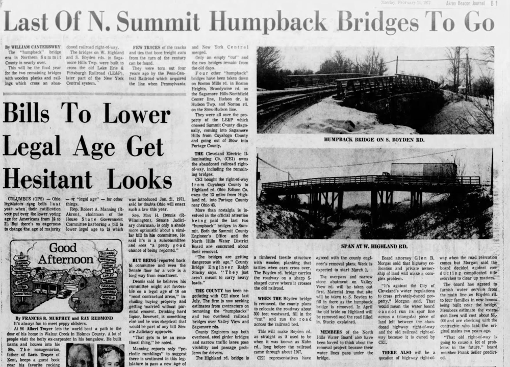 Akron Beacon Journal article discussing the demolition of the humpback bridges. 