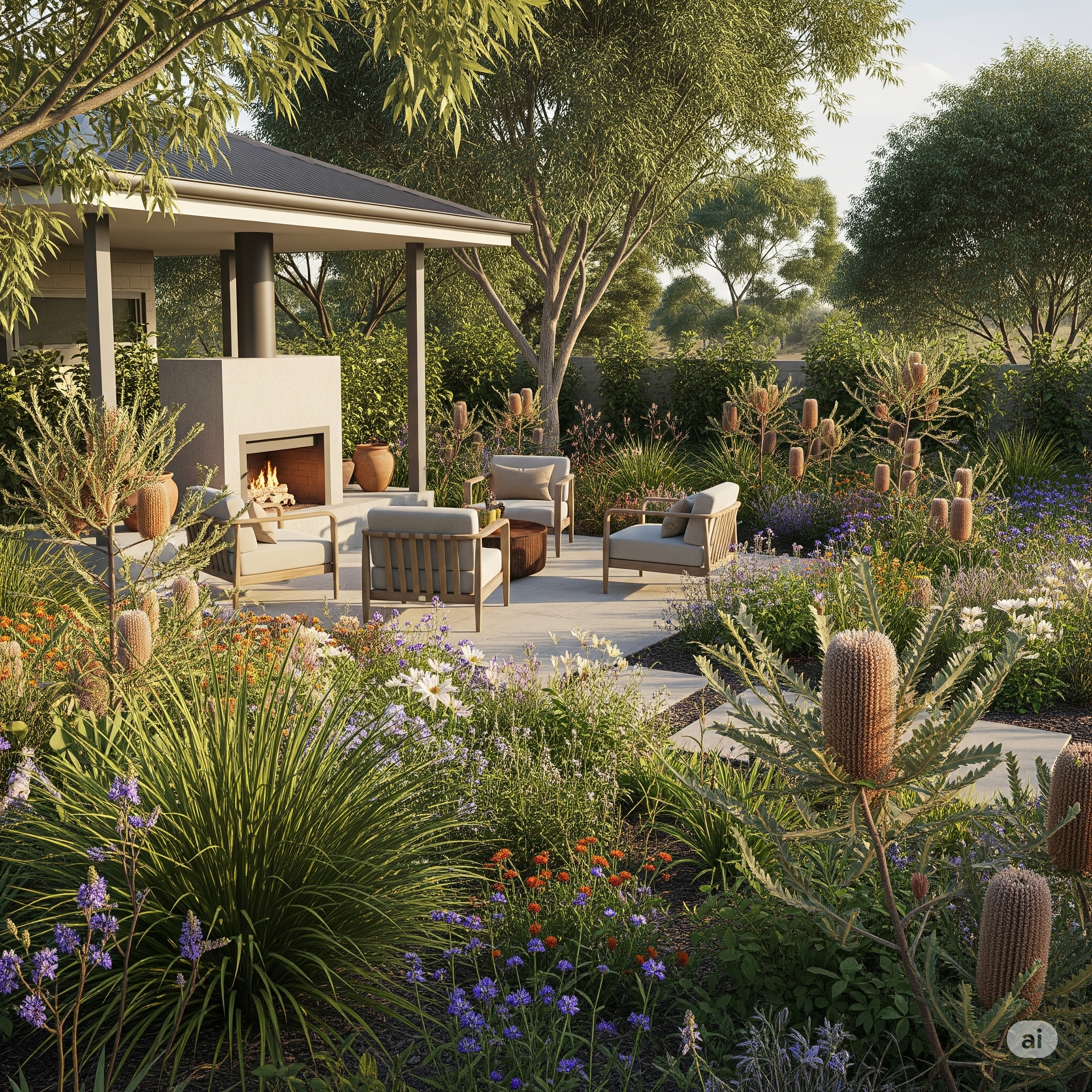 A cozy outdoor garden patio with lounge chairs, a fireplace, and lush greenery and colorful flowers.