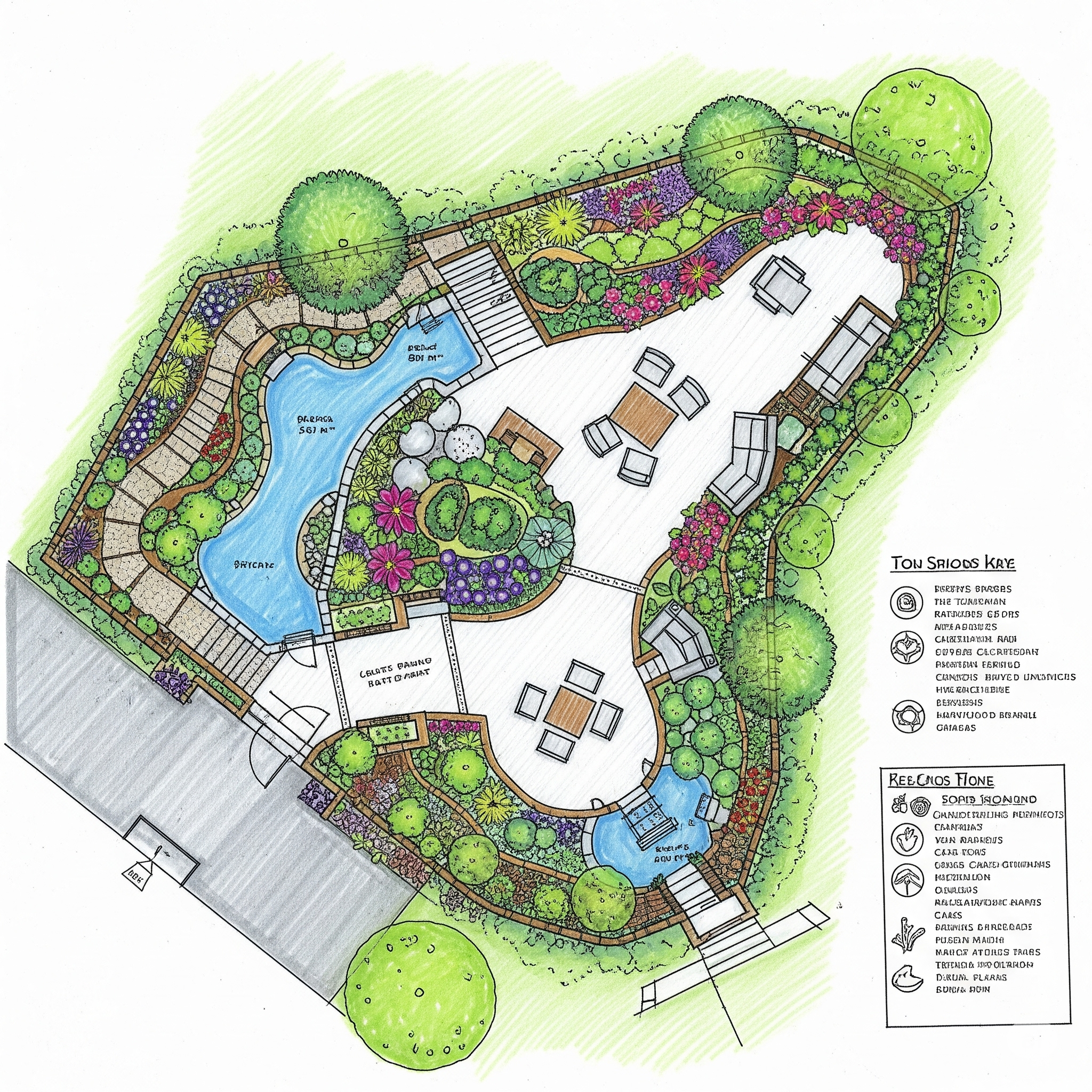 Landscape garden design with a pool, seating areas, and lush greenery, including trees and colorful flowers.