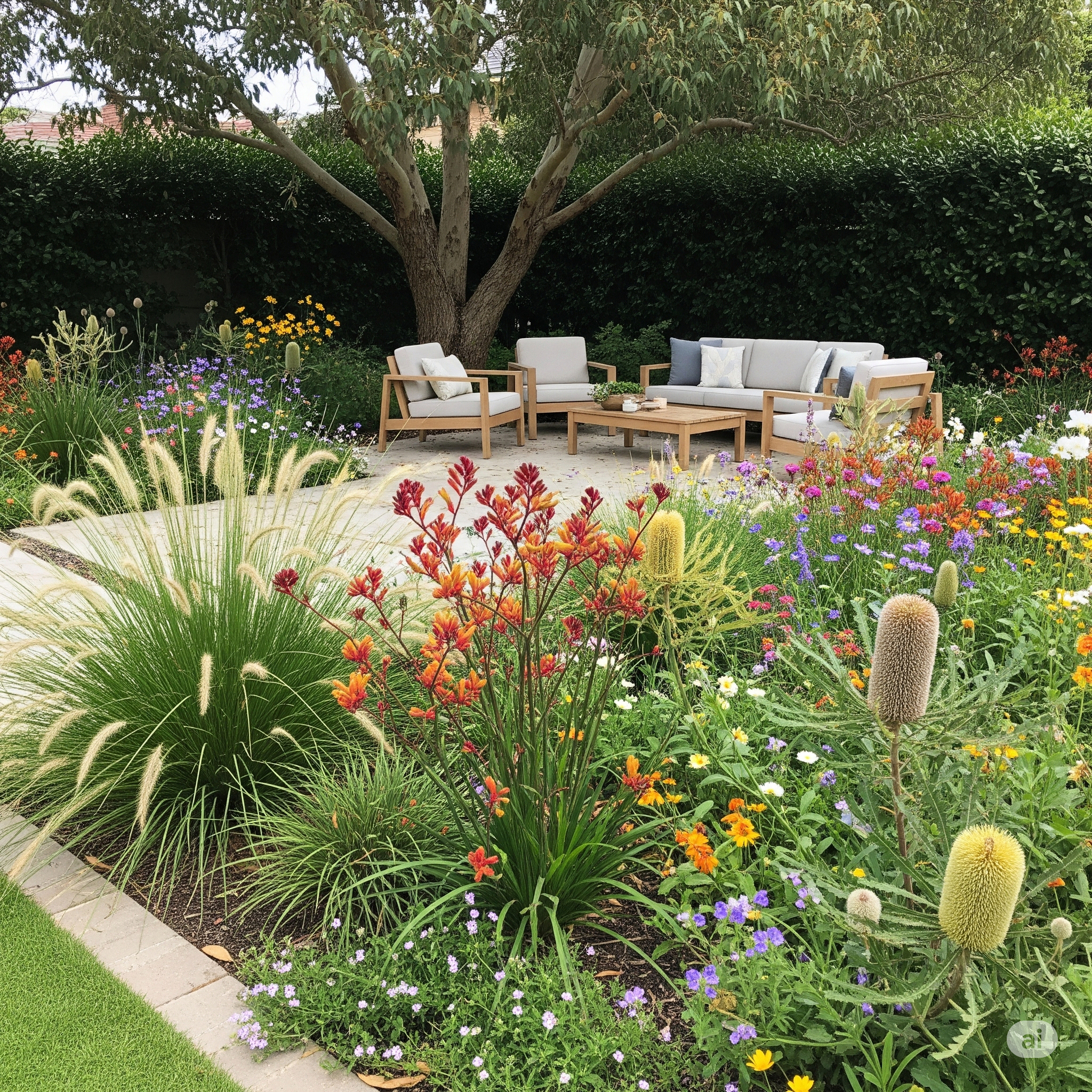 A backyard garden with a mix of colorful flowers and lush green plants, featuring a wooden outdoor furniture set with cushions under a large tree.