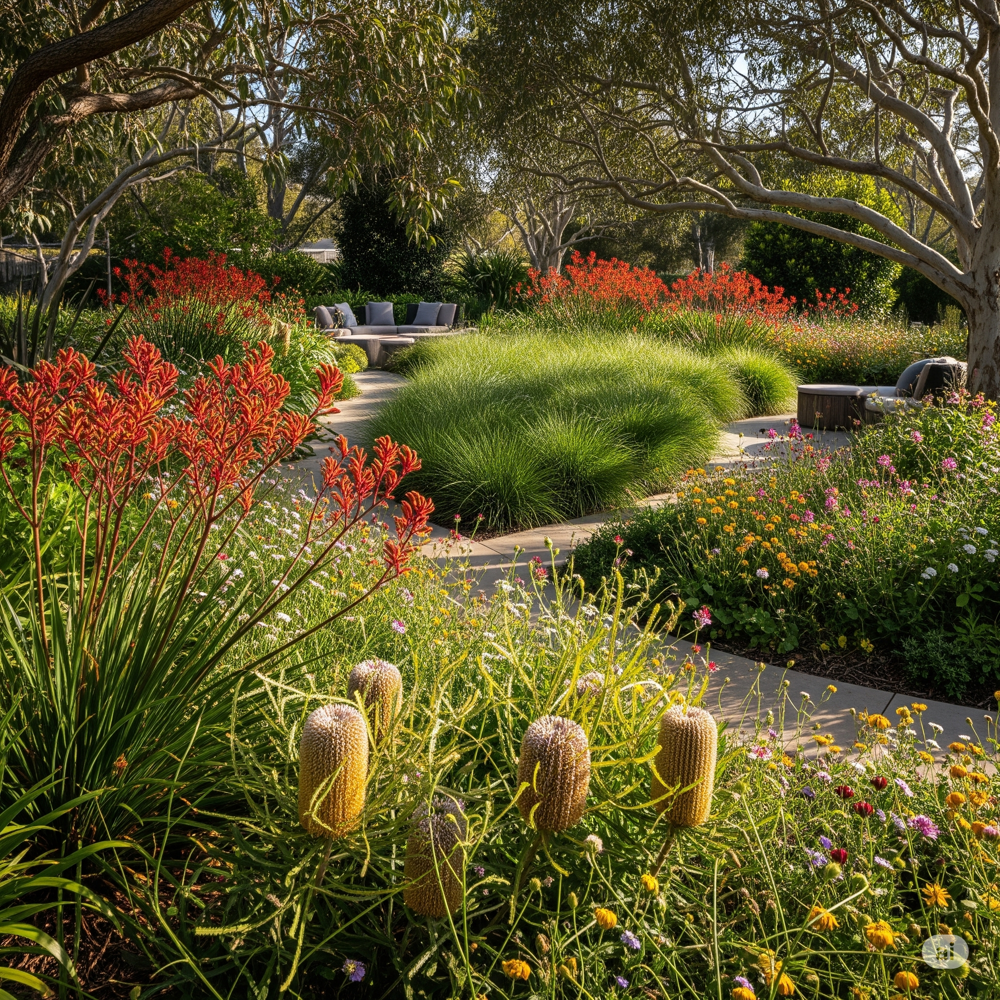 A lush garden with a variety of colorful flowers, green bushes, and trees, featuring a stone pathway with outdoor seating in the background.