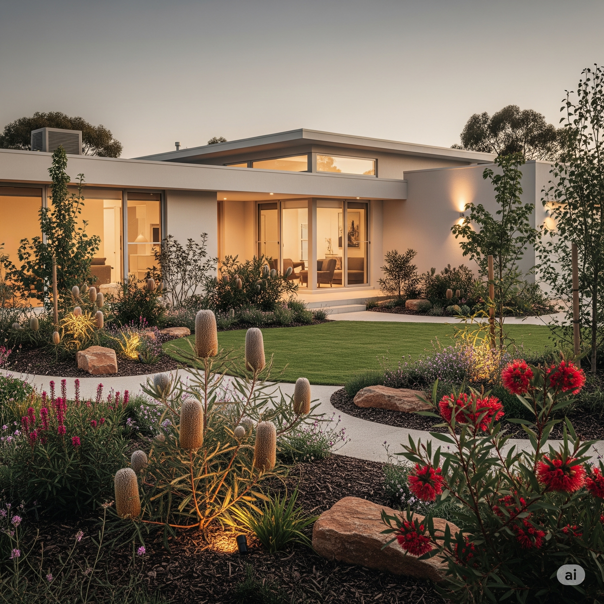 Modern home with large glass windows, surrounded by landscaped garden with colorful flowers, cacti, rocks, and a well-maintained lawn, at dusk.