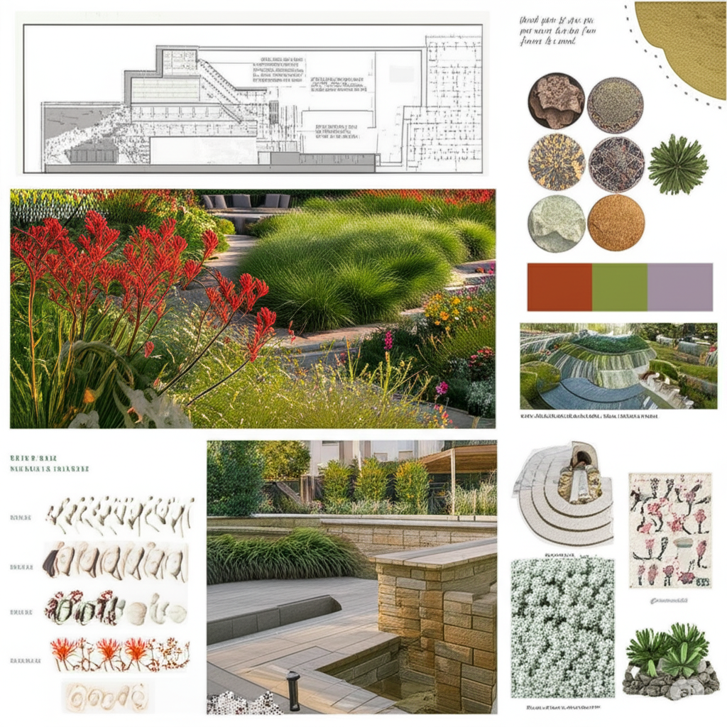 Collage of landscape design plans, plants, and garden features, including a detailed garden layout, colorful plantings, plant material samples, landscape color palette, and photos of finished gardens and outdoor spaces.