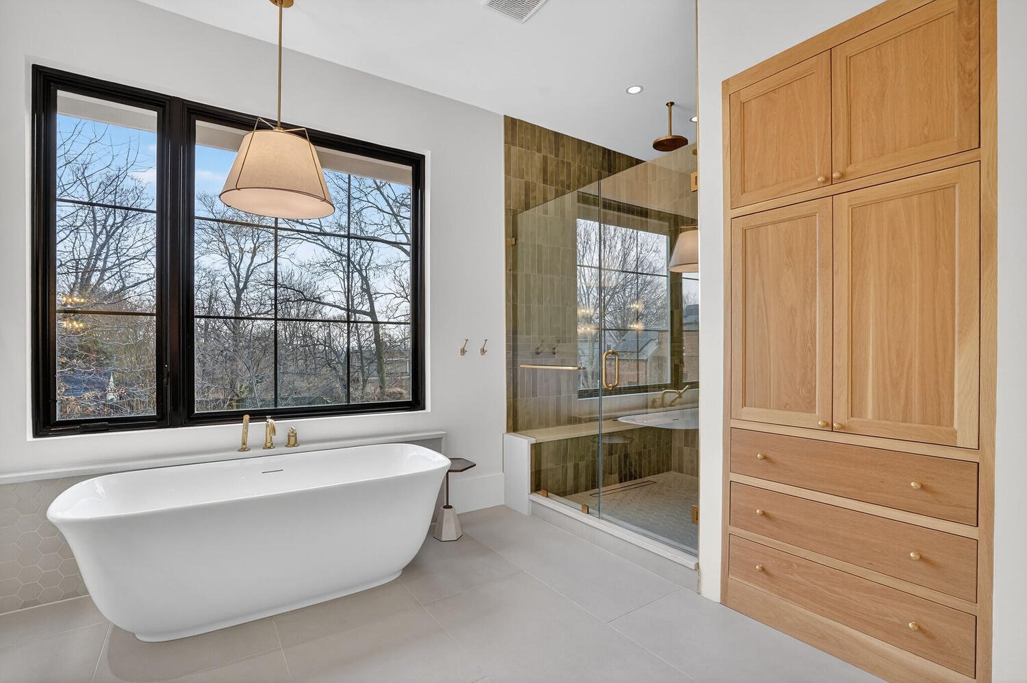 Master Bathroom, free standing tub, chandelier, shower
