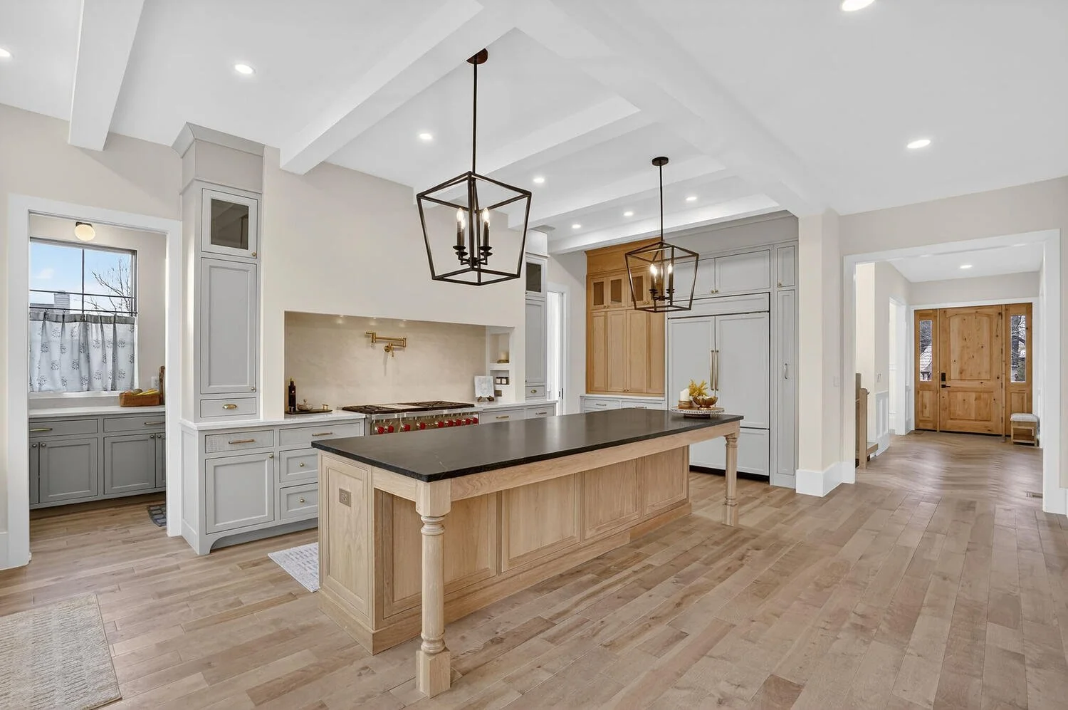 Kitchen Island, range, pendants, front door