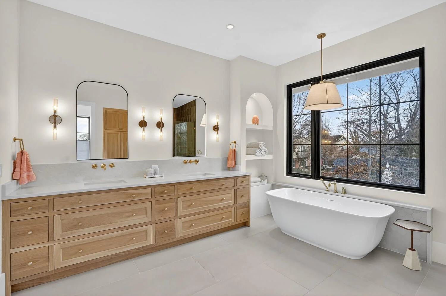 Master Bathroom, vanity, double sink, free standing tub, chandelier, shower