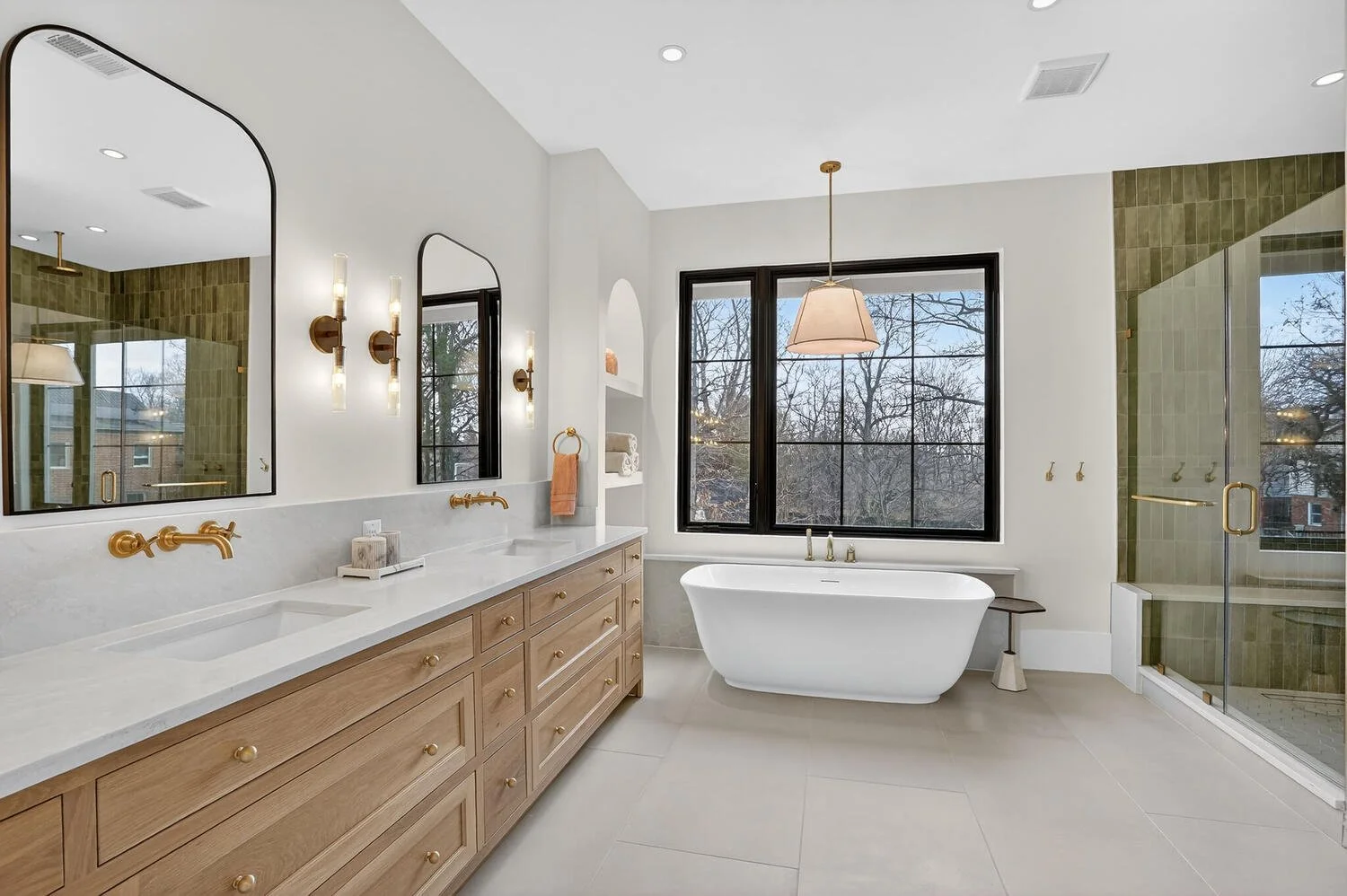 Master Bathroom, vanity, double sink, free standing tub, chandelier, shower