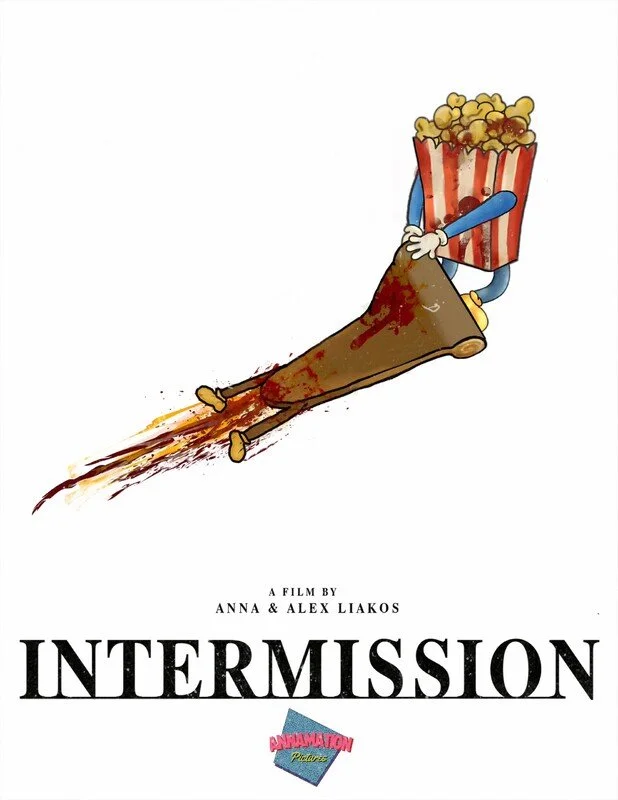 A cartoon character with a popcorn bucket for a head is riding a large roast turkey leg in midair, with blood splattered on it. The movie poster features the title 'Intermission'.
