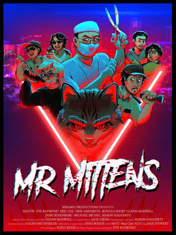 A vibrant, neon-colored digital illustration of a group of seven characters and a large black panther, with a background of a cityscape at night. The title 'Mr Miteas' is prominently displayed at the bottom in bold, stylized font.